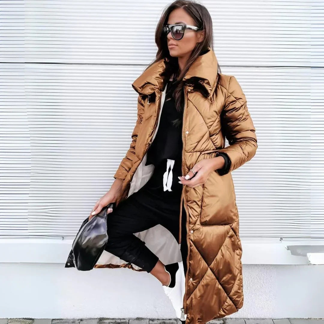 Stella | Winter Shiny Funnel Neck Zip Up Oversized Longline Quilted Puffer Coat Women