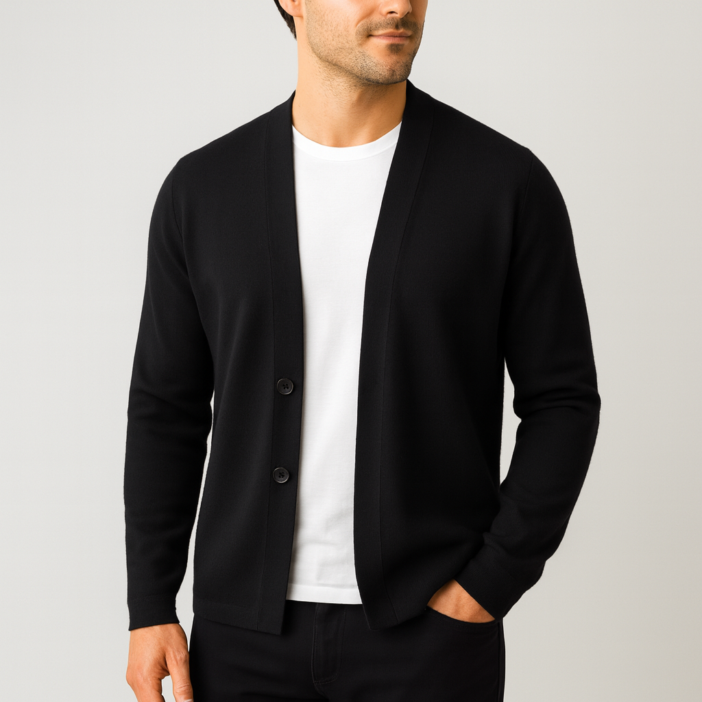 Men's Button-Up Cardigan in Fine Knit | Savoni - Black