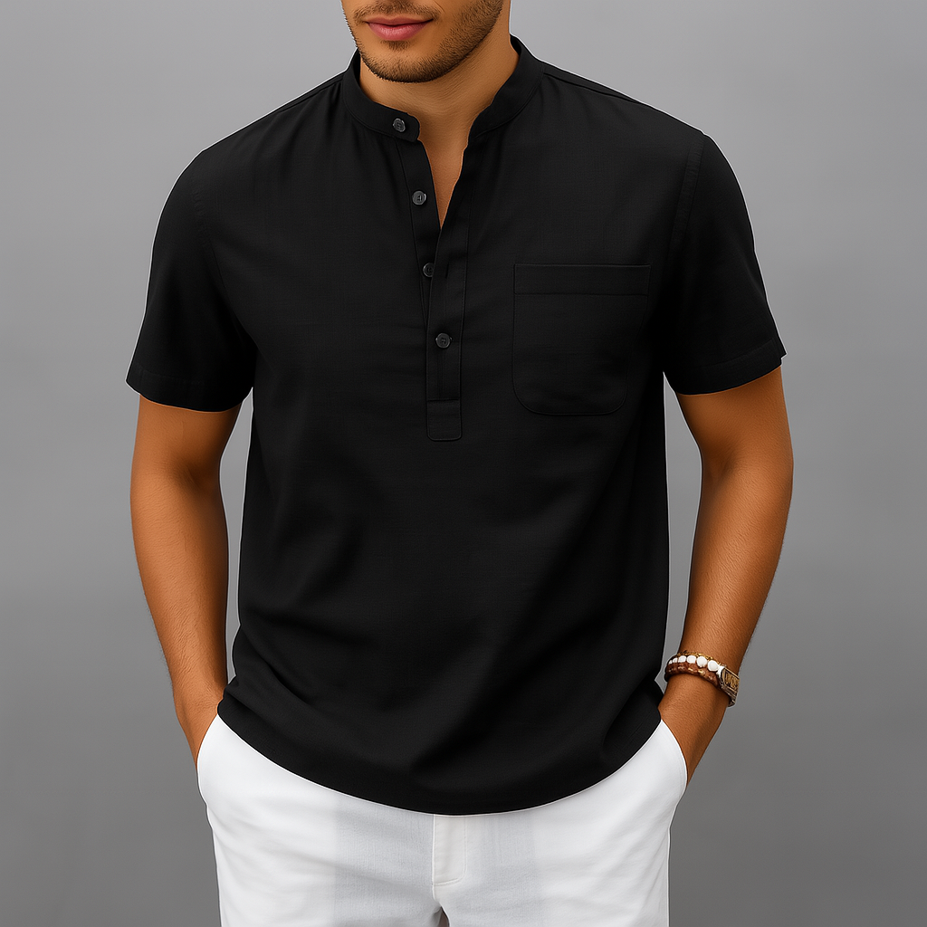 Men's Linen-Look Henley Shirt with Chest Pocket | Arden - Black
