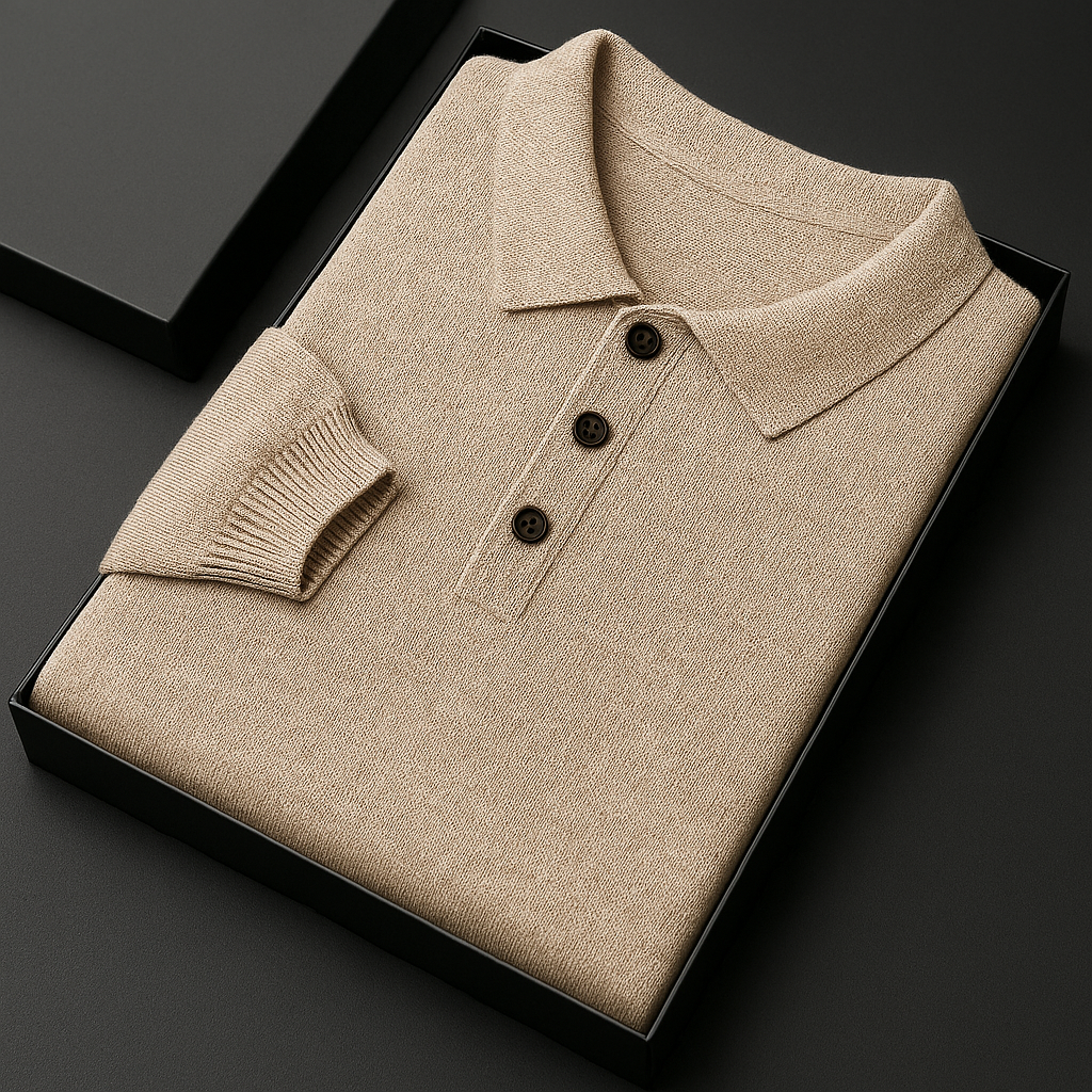 Men's Fine Knit Polo Sweater with Button Placket | Arden - Khaki