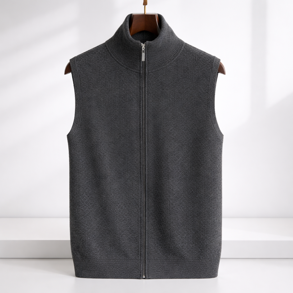 Men's Zip-Up Knit Sweater Vest with Stand Collar | Savoni - Gray