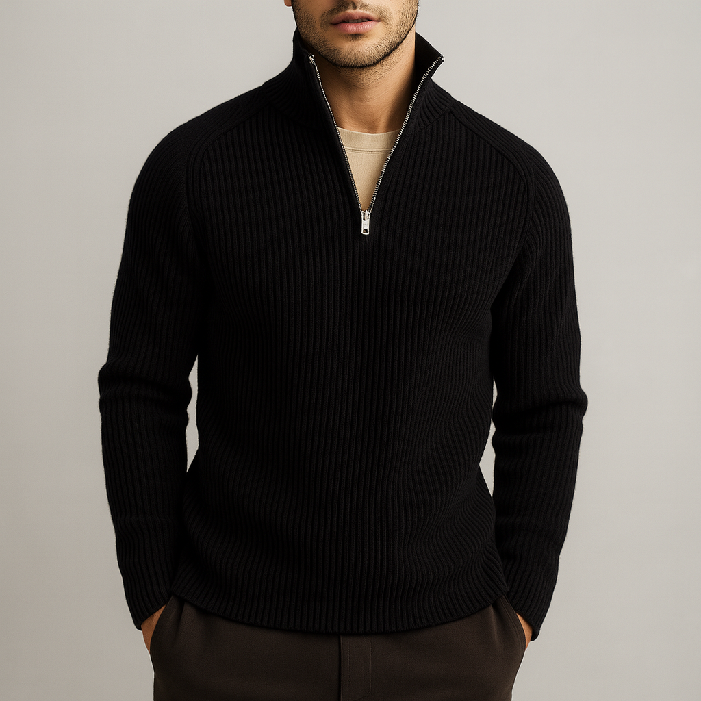 Men's Ribbed Quarter-Zip Sweater in Fine Knit | Savoni - Black