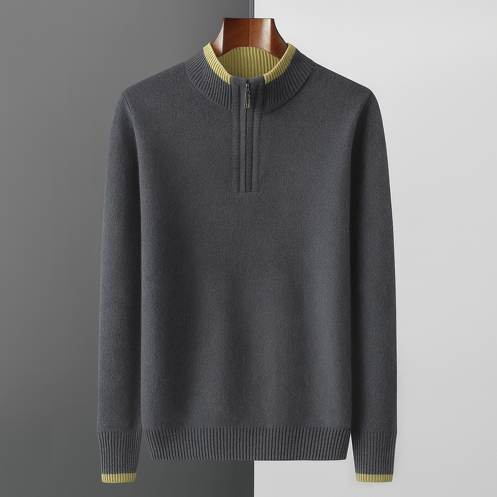 Men's Fine Knit Quarter-Zip with Contrast Collar | Savoni - Dark Gray