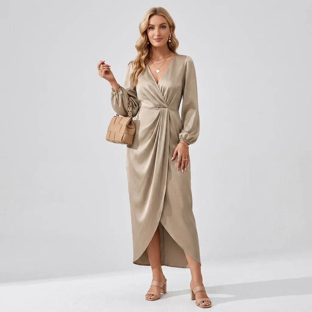 Odette | Ruched V Neck Long Sleeve Satin Slit Wedding Guest Occasion Midi Wrap Dress Women
