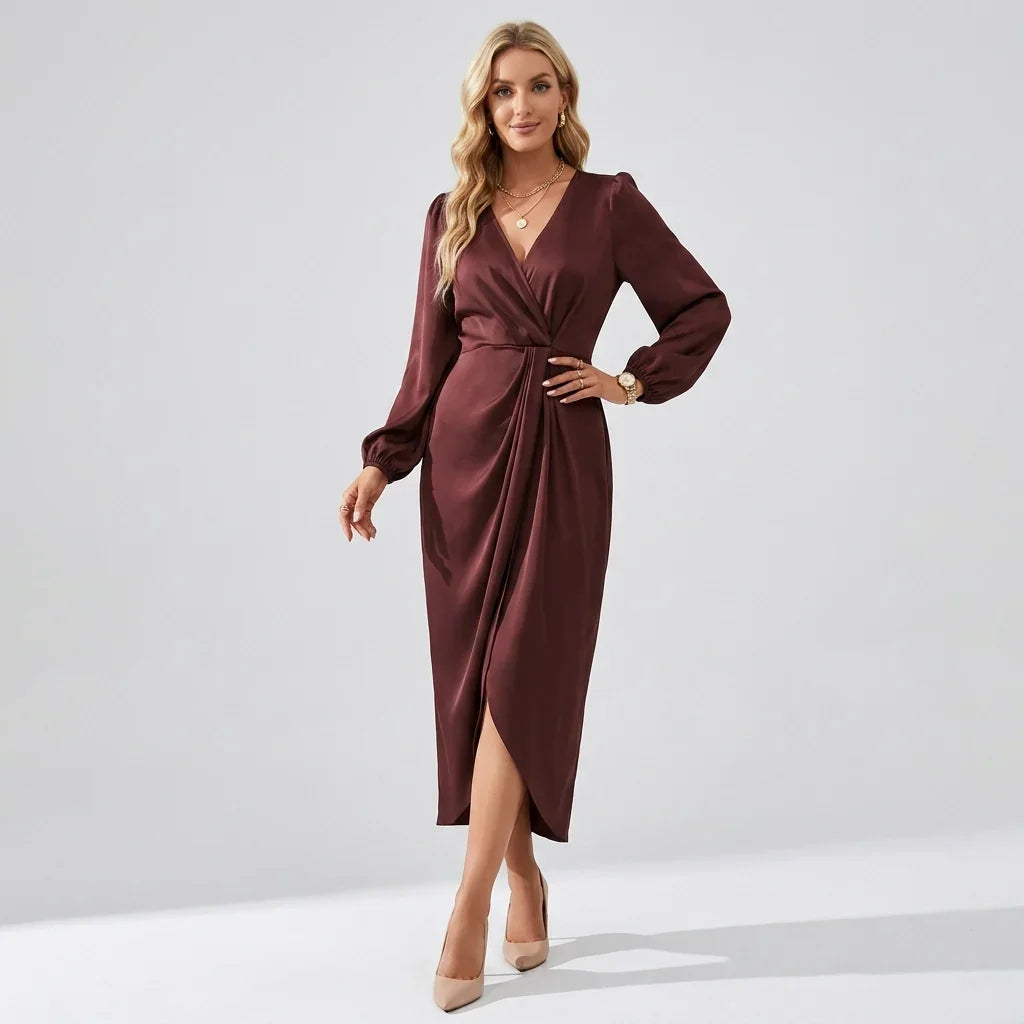 Odette | Ruched V Neck Long Sleeve Satin Slit Wedding Guest Occasion Midi Wrap Dress Women