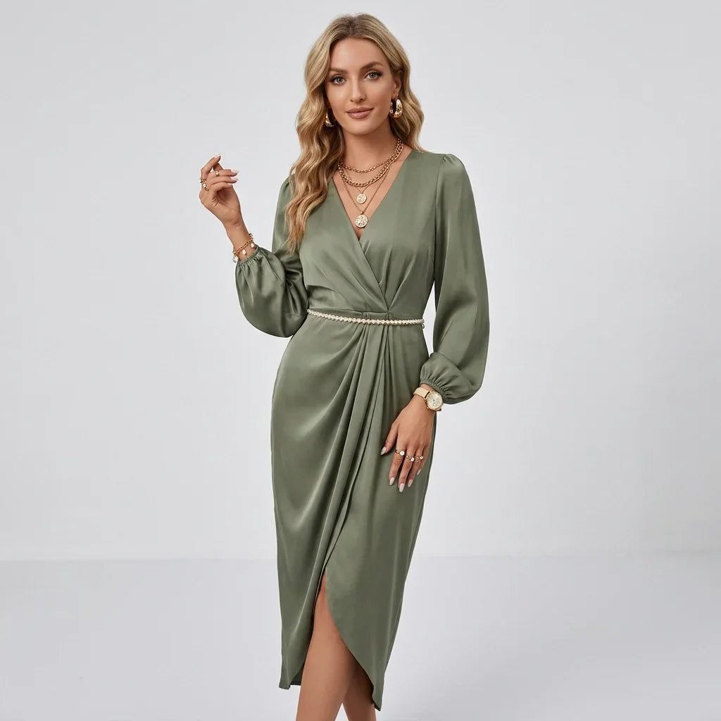 Odette | Ruched V Neck Long Sleeve Satin Slit Wedding Guest Occasion Midi Wrap Dress Women