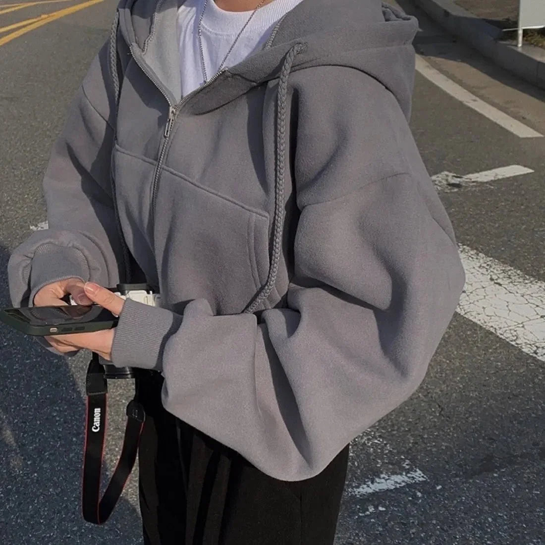 Remi | Zip Up Drawstring Pockets Fleece Cropped Autumn Oversized Hoodie Women