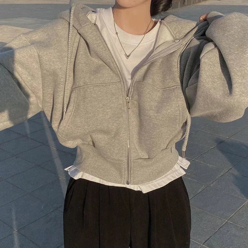 Remi | Zip Up Drawstring Pockets Fleece Cropped Autumn Oversized Hoodie Women