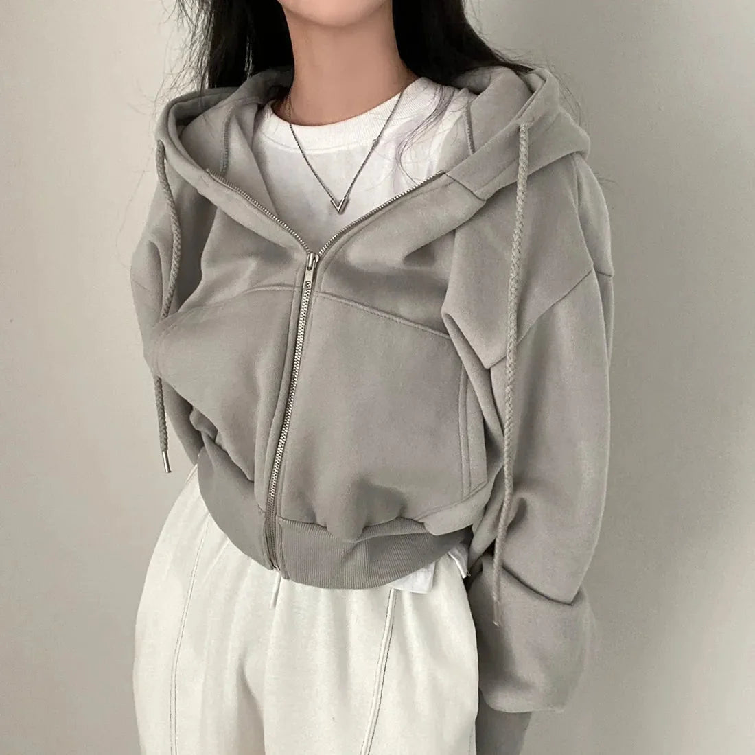 Remi | Zip Up Drawstring Pockets Fleece Cropped Autumn Oversized Hoodie Women