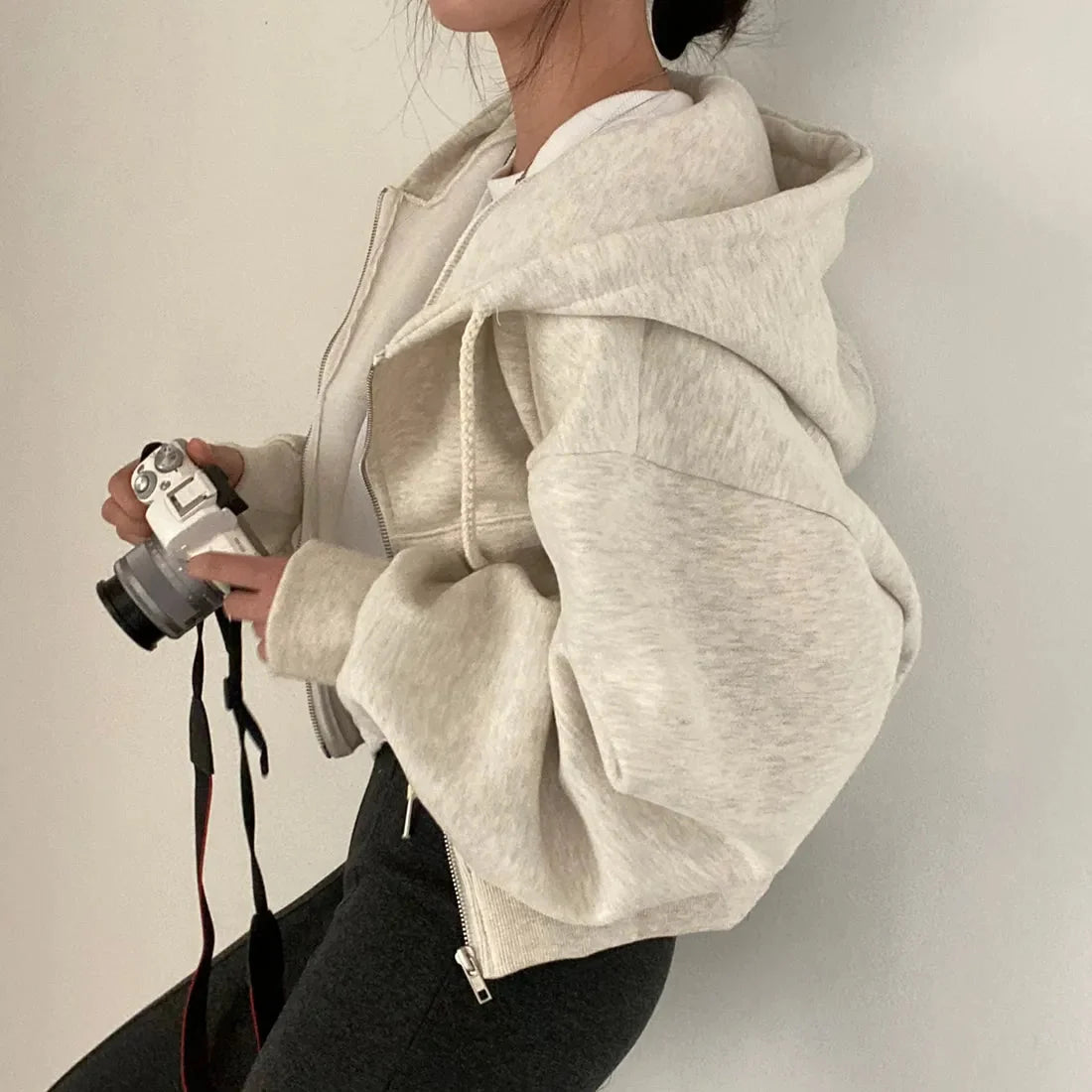 Remi | Zip Up Drawstring Pockets Fleece Cropped Autumn Oversized Hoodie Women