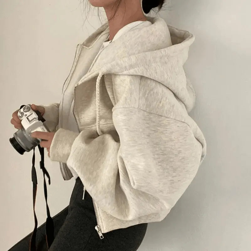 Bella | Fleece Zip Up Drawstring Pockets Ribbed Oversized Autumn Cropped Hoodie Women