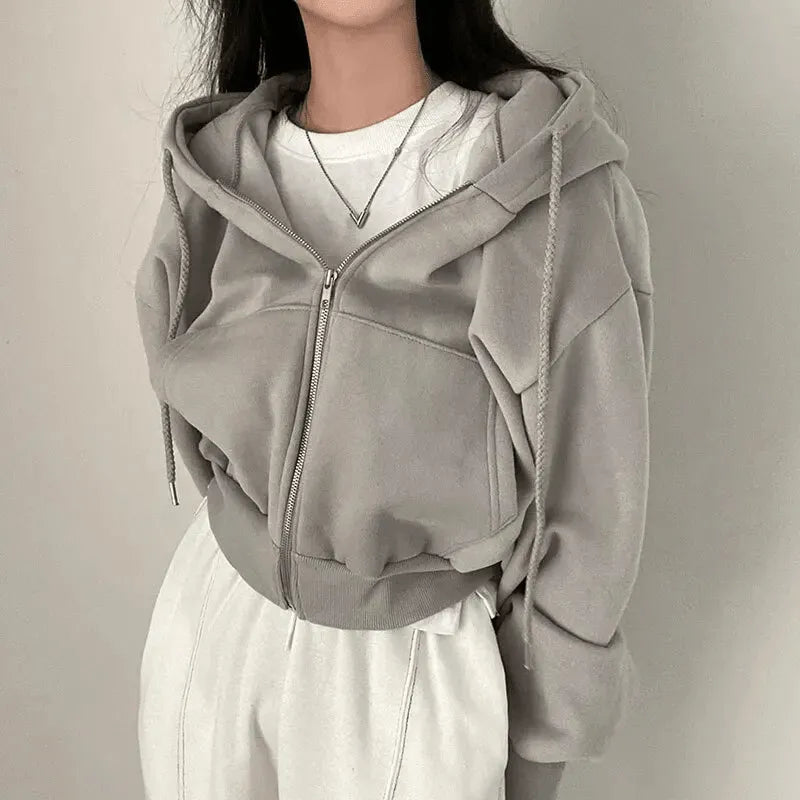 Bella | Fleece Zip Up Drawstring Pockets Ribbed Oversized Autumn Cropped Hoodie Women