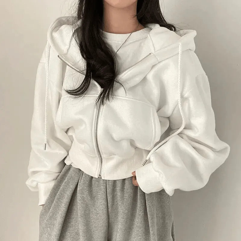 Bella | Fleece Zip Up Drawstring Pockets Ribbed Oversized Autumn Cropped Hoodie Women