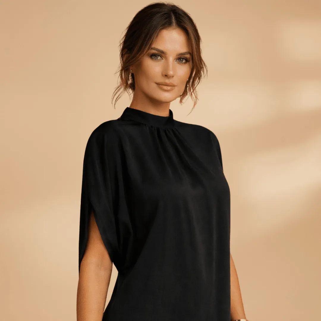 Joy | High Neck Ruched Shift Party Satin Short Sleeve Mini Dress Women