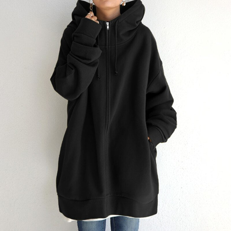Kayla | Zip Up Drawstring Pockets Fleece Longline Oversized Baggy Autumn Winter Hoodie Women