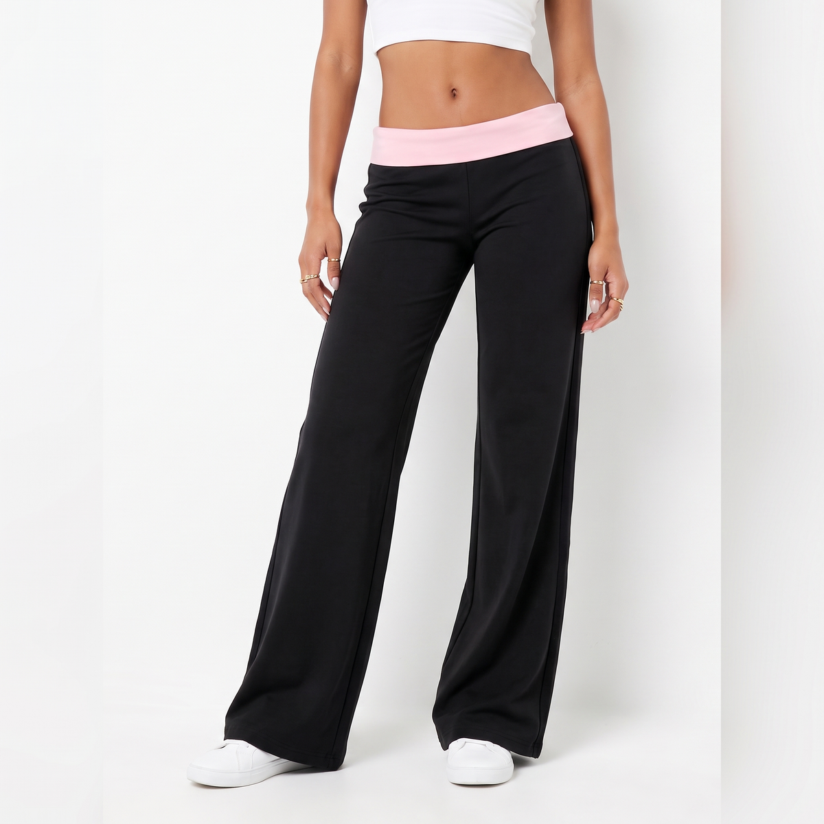 Grace | Side Stripe Fold Over Low Rise Pockets Jersey Wide Leg Trousers Women