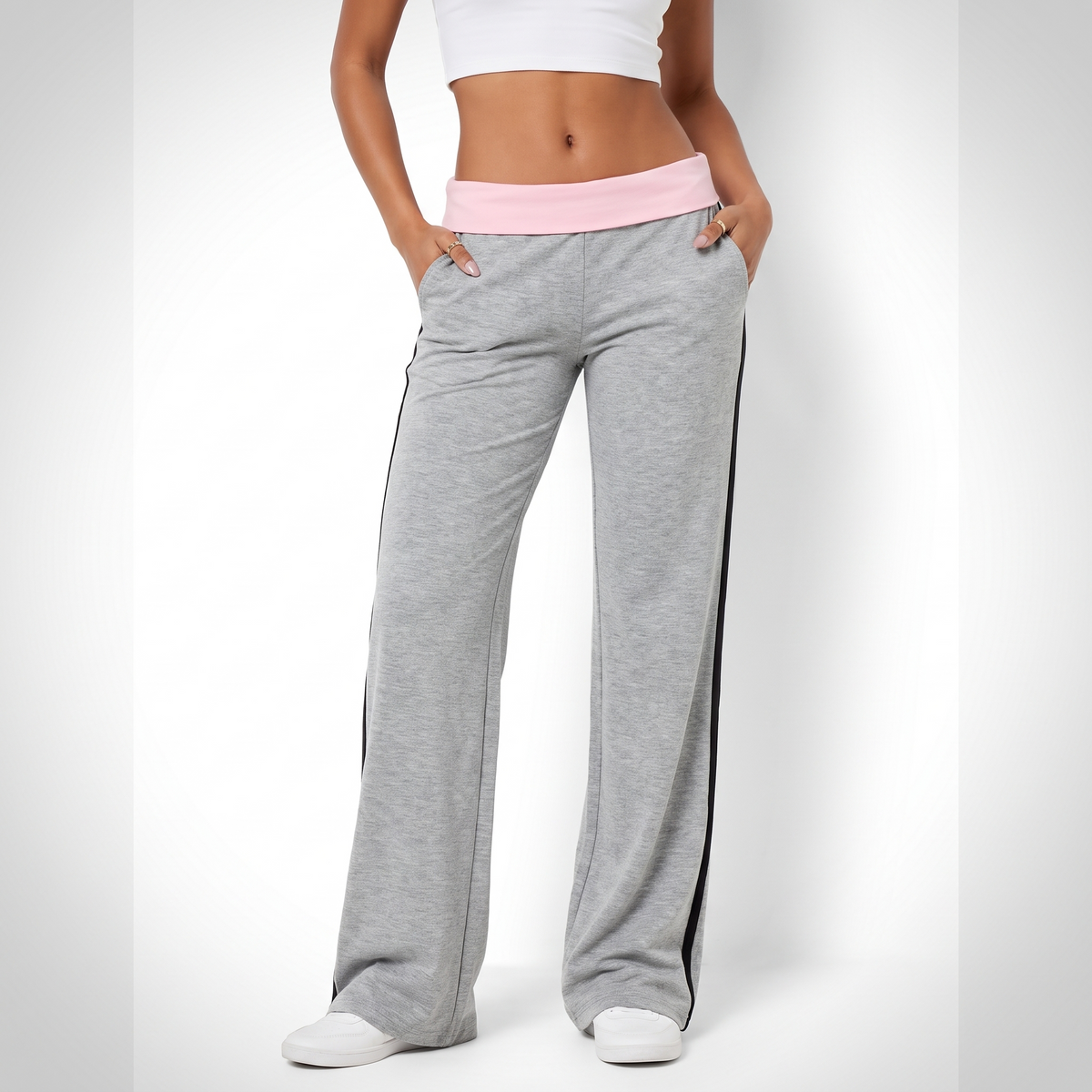 Grace | Side Stripe Fold Over Low Rise Pockets Jersey Wide Leg Trousers Women