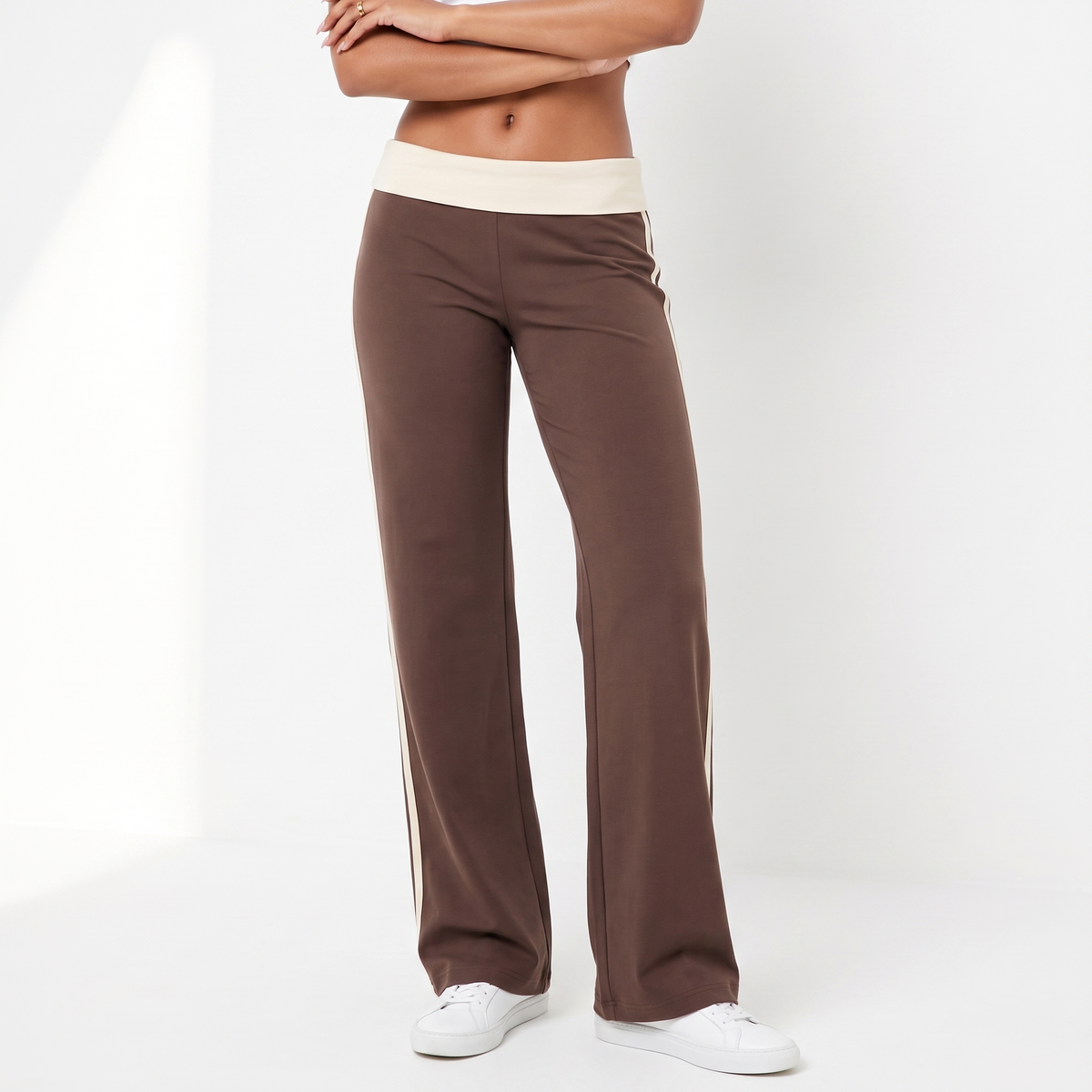 Grace | Side Stripe Fold Over Low Rise Pockets Jersey Wide Leg Trousers Women