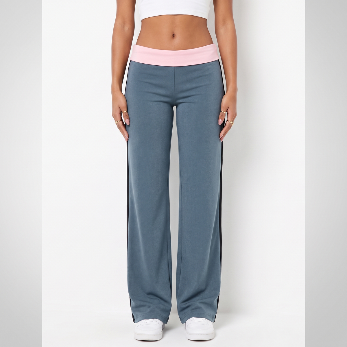 Grace | Side Stripe Fold Over Low Rise Pockets Jersey Wide Leg Trousers Women