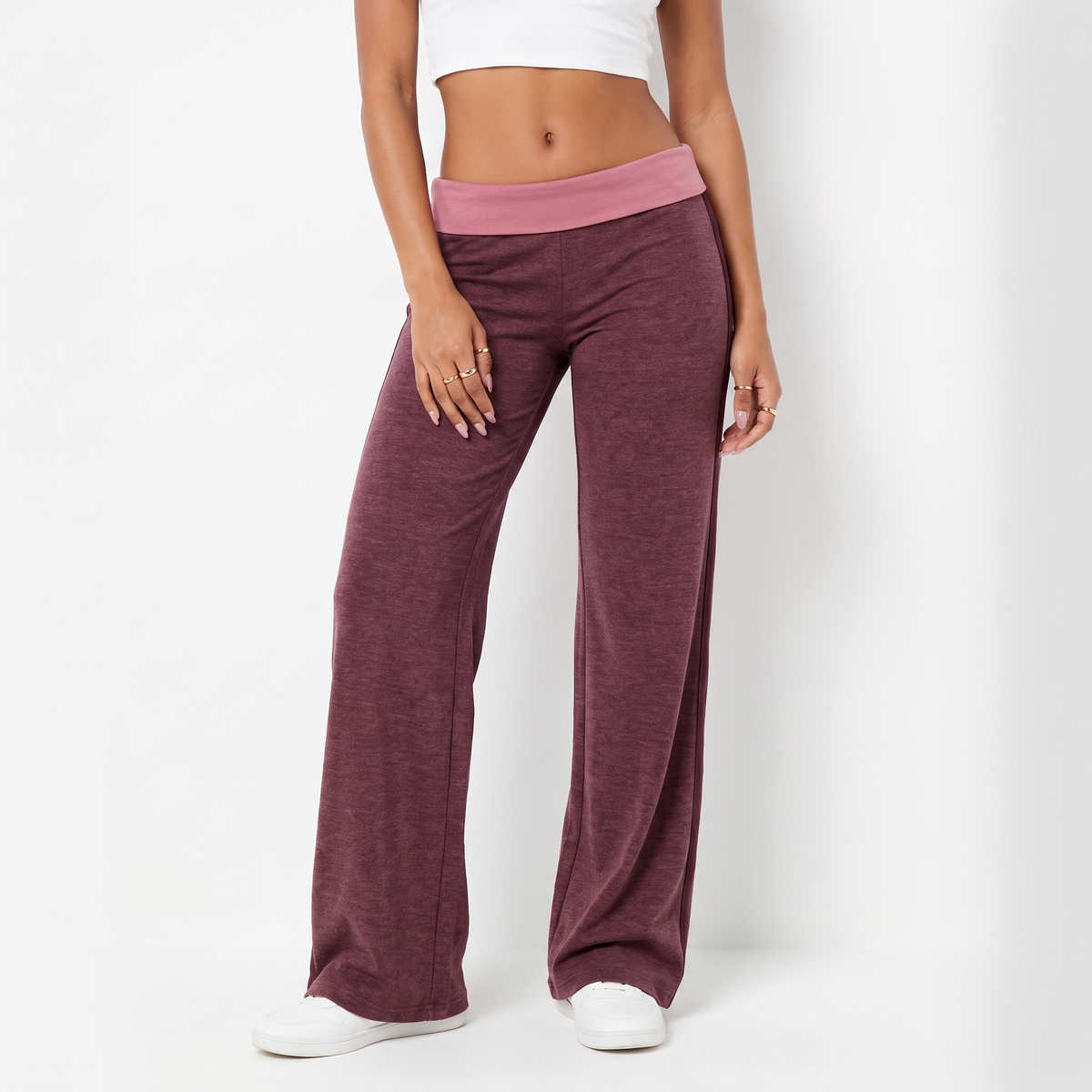 Grace | Side Stripe Fold Over Low Rise Pockets Jersey Wide Leg Trousers Women