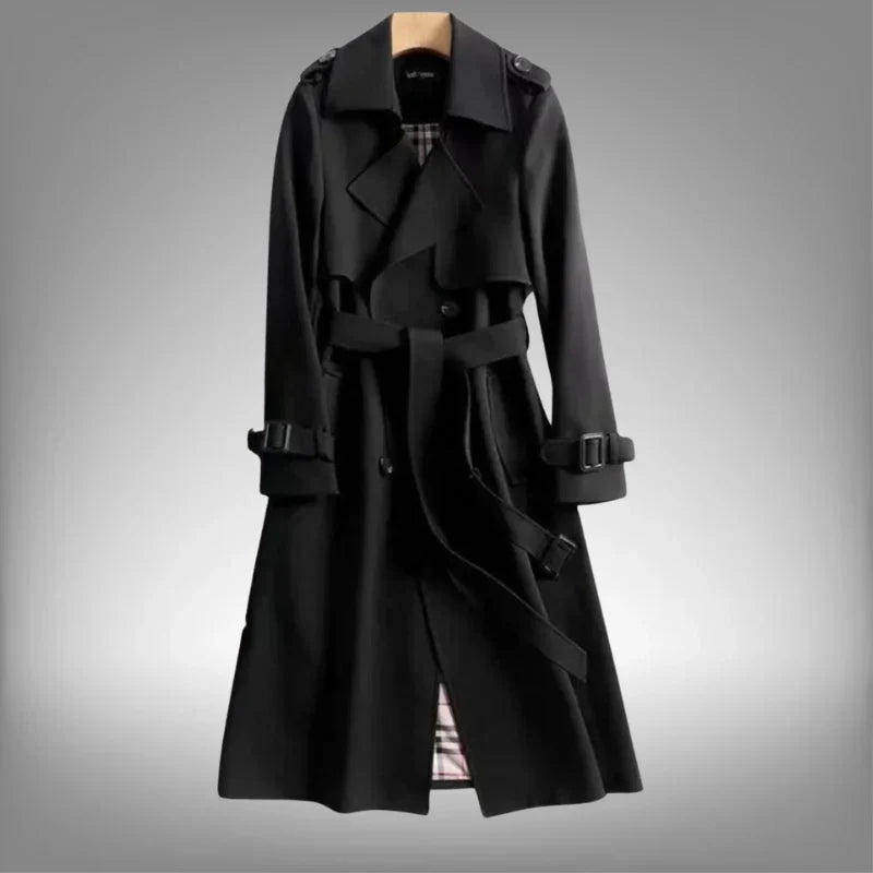 Jana | Classic Double Breasted Belted Collared Buckle Pocket Autumn Smart Long Trench Coat Ladies