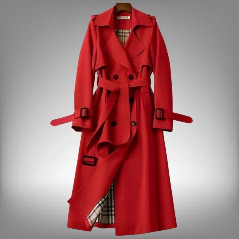 Jana | Classic Double Breasted Belted Collared Buckle Pocket Autumn Smart Long Trench Coat Ladies