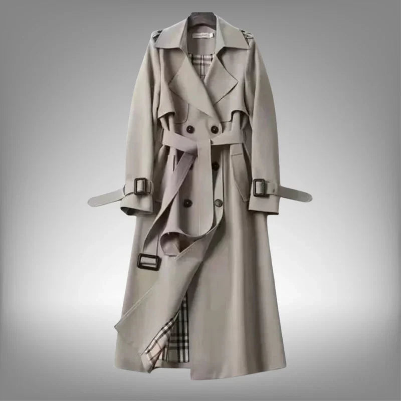 Jana | Classic Double Breasted Belted Collared Buckle Pocket Autumn Smart Long Trench Coat Ladies