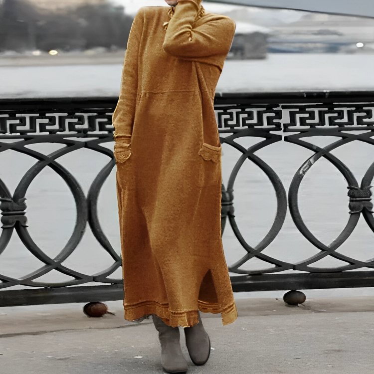 Margo | Knitted Long Sleeve Oversized Pockets Side Split Autumn Winter Maxi Jumper Dress Women