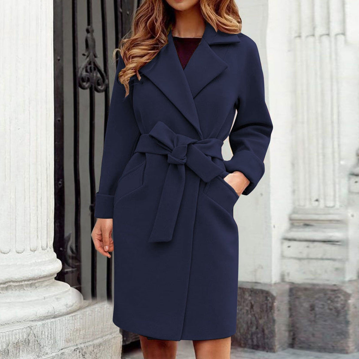 Libby | Wrap Lapel Pocket Tie Waist Long Collared Autumn Smart Tailored Coat Women