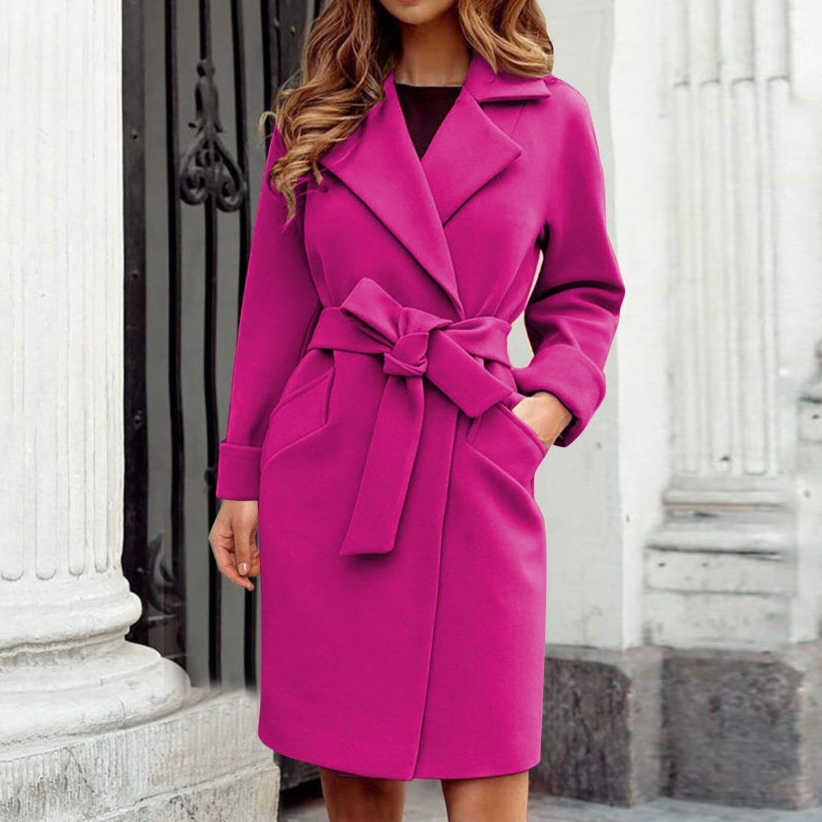 Libby | Wrap Lapel Pocket Tie Waist Long Collared Autumn Smart Tailored Coat Women