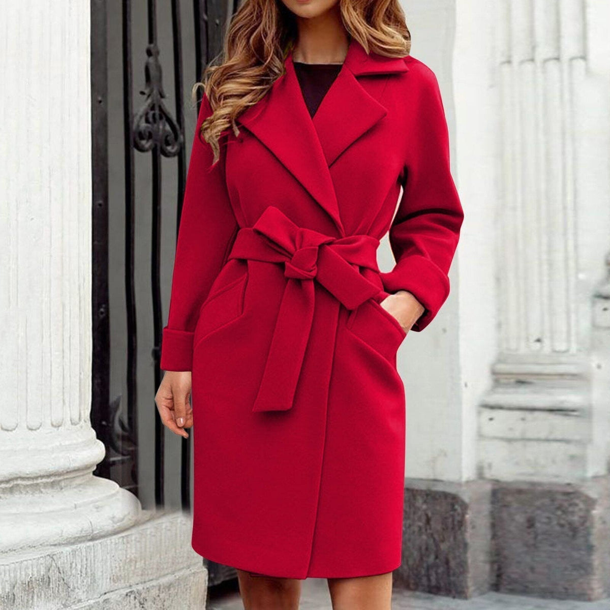 Libby | Wrap Lapel Pocket Tie Waist Long Collared Autumn Smart Tailored Coat Women