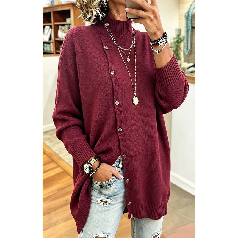 Belle | Oversized Longline Button Up Funnel Neck Long Sleeve Autumn Winter Jumper Women