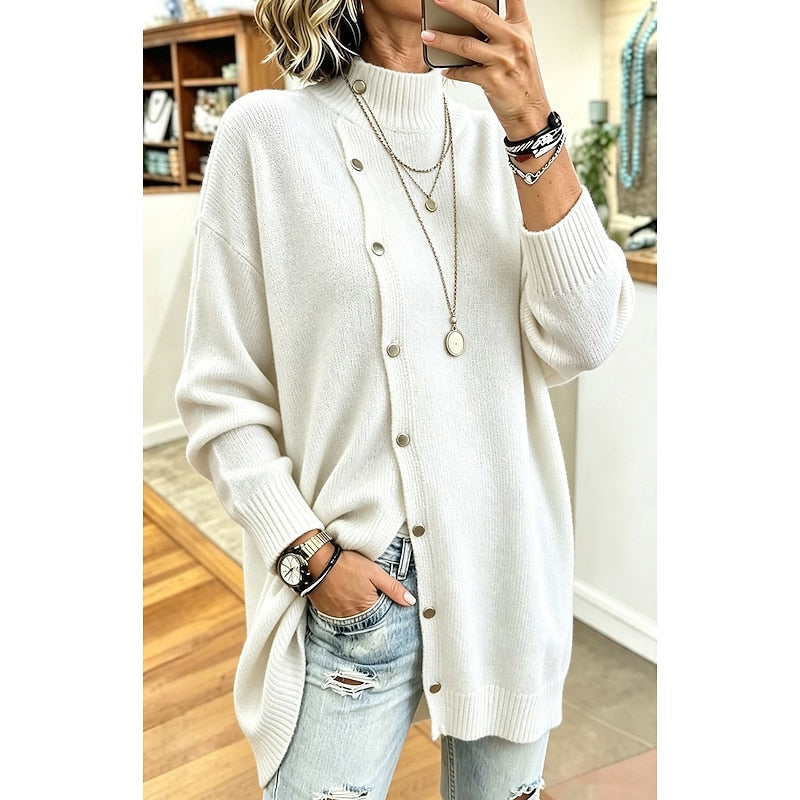 Belle | Oversized Longline Button Up Funnel Neck Long Sleeve Autumn Winter Jumper Women