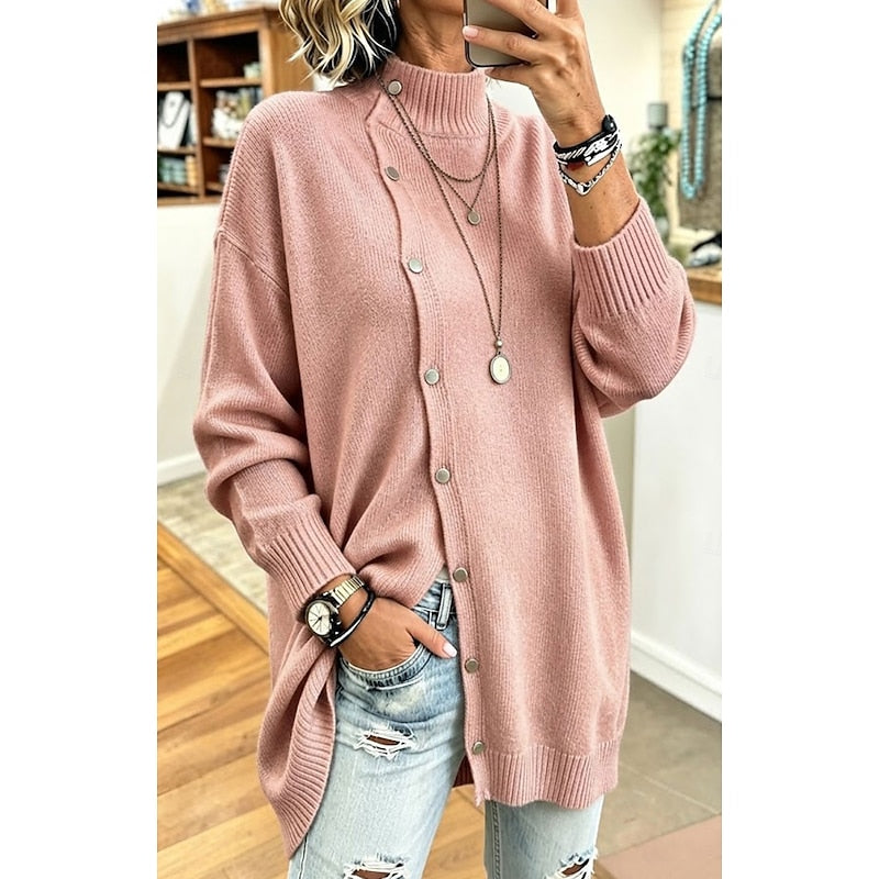 Belle | Oversized Longline Button Up Funnel Neck Long Sleeve Autumn Winter Jumper Women