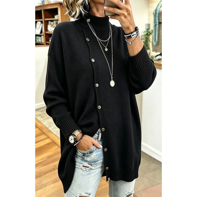 Belle | Oversized Longline Button Up Funnel Neck Long Sleeve Autumn Winter Jumper Women