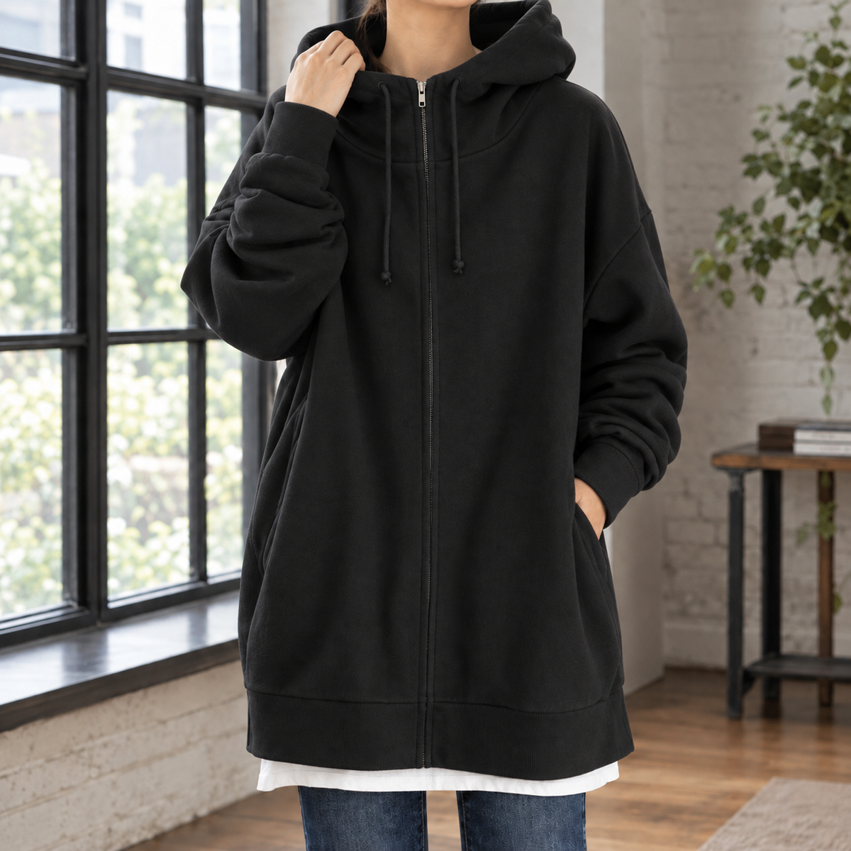Lucia | Zip Up Drawstring Fleece Pockets Longline Autumn Oversized Hoodie Women