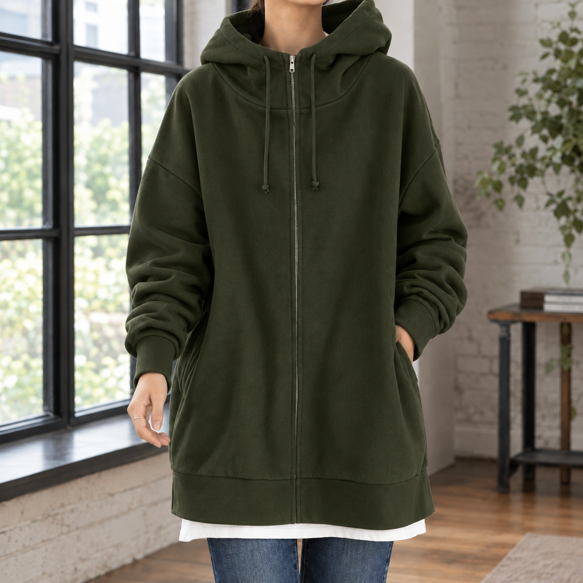 Lucia | Zip Up Drawstring Fleece Pockets Longline Autumn Oversized Hoodie Women
