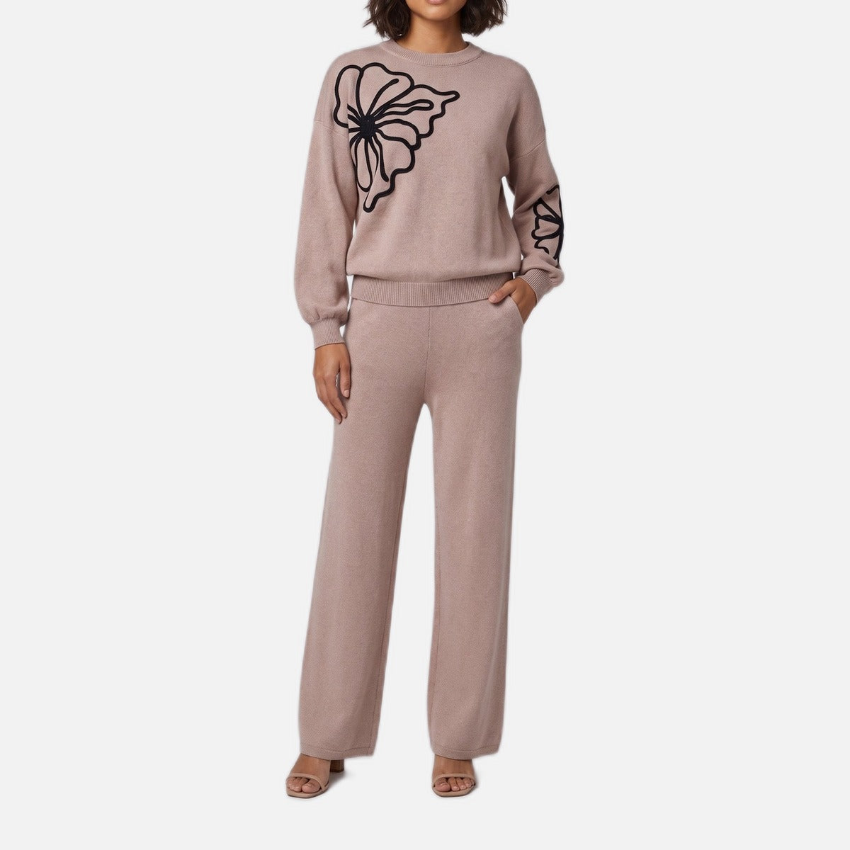 Hannah | Floral Embroidered Long Sleeve Knitted Autumn Wide Leg Trouser Co Ord Set Women