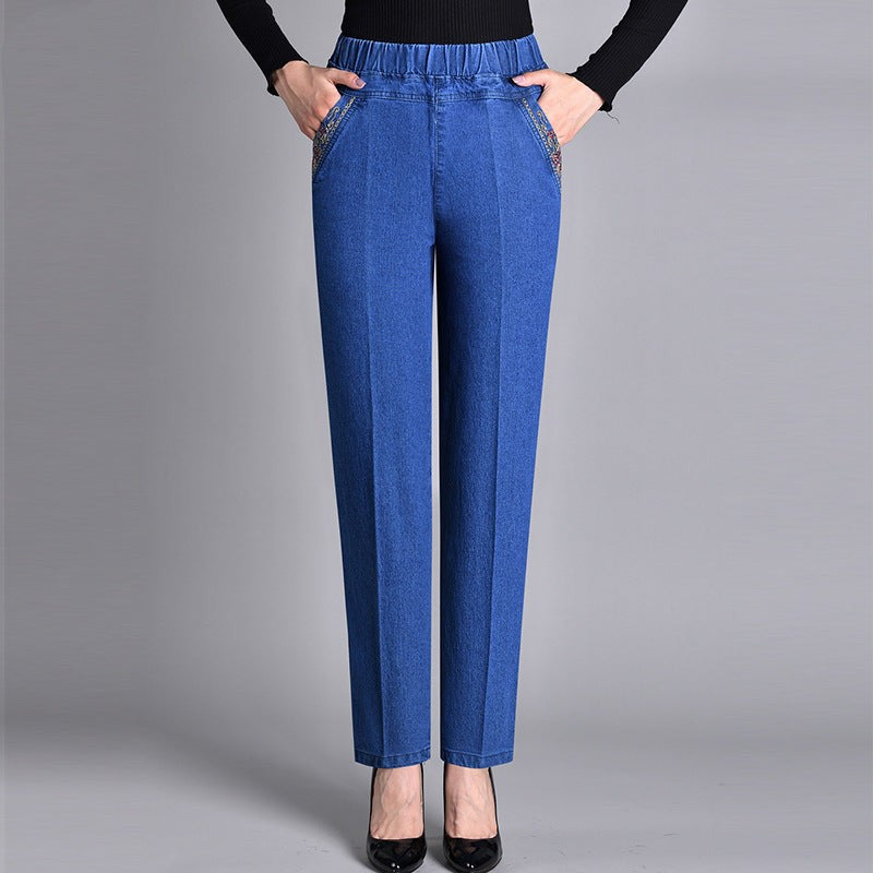 Neve | Elasticated Waist Embroidered Autumn Straight Leg Jeans Women