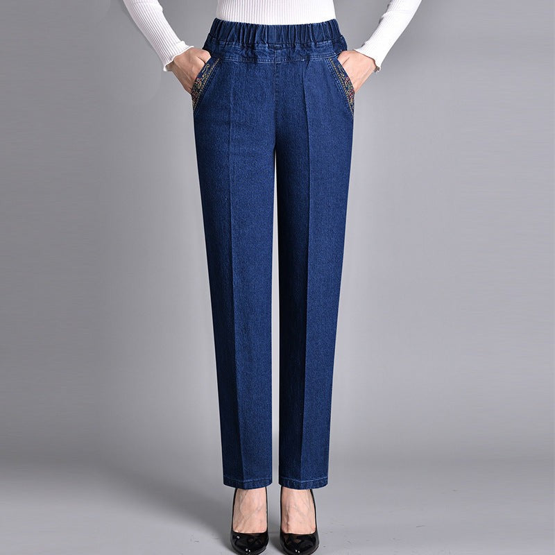 Neve | Elasticated Waist Embroidered Autumn Straight Leg Jeans Women