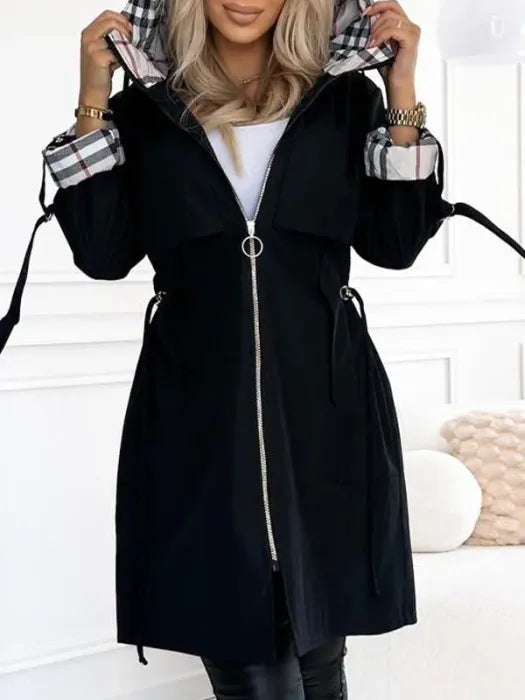 Long Waterproof Coat with Hood and Drawstring - Dusty Rose