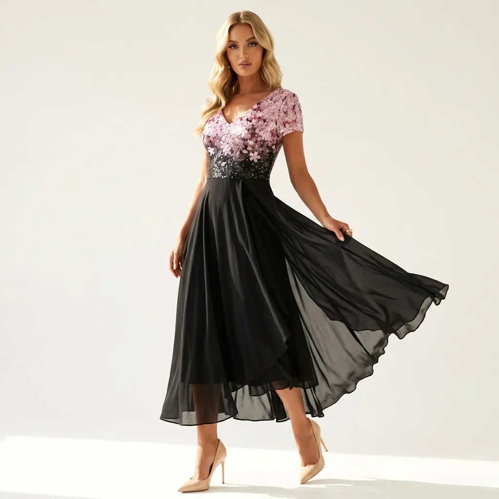 Mia | Short Sleeve V Neck Chiffon Christmas Wedding Guest Party A Line Midi Sequin Dress Women
