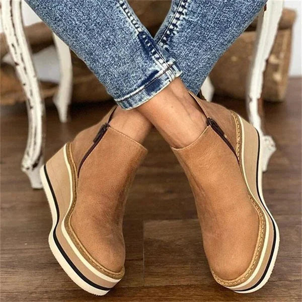 Macy | Platform Wedge Round Toe Zip Up Autumn Faux Leather Ankle Boots Women