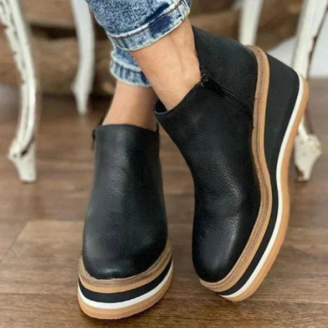 Macy | Platform Wedge Round Toe Zip Up Autumn Faux Leather Ankle Boots Women