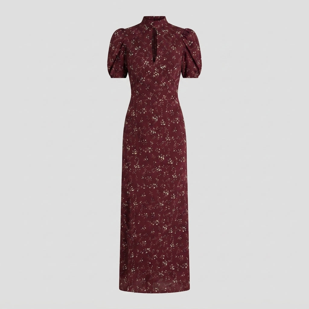 Erica | Ditsy Floral High Neck Keyhole Puff Sleeve Wedding Guest Occasion Chiffon Maxi Dress Women