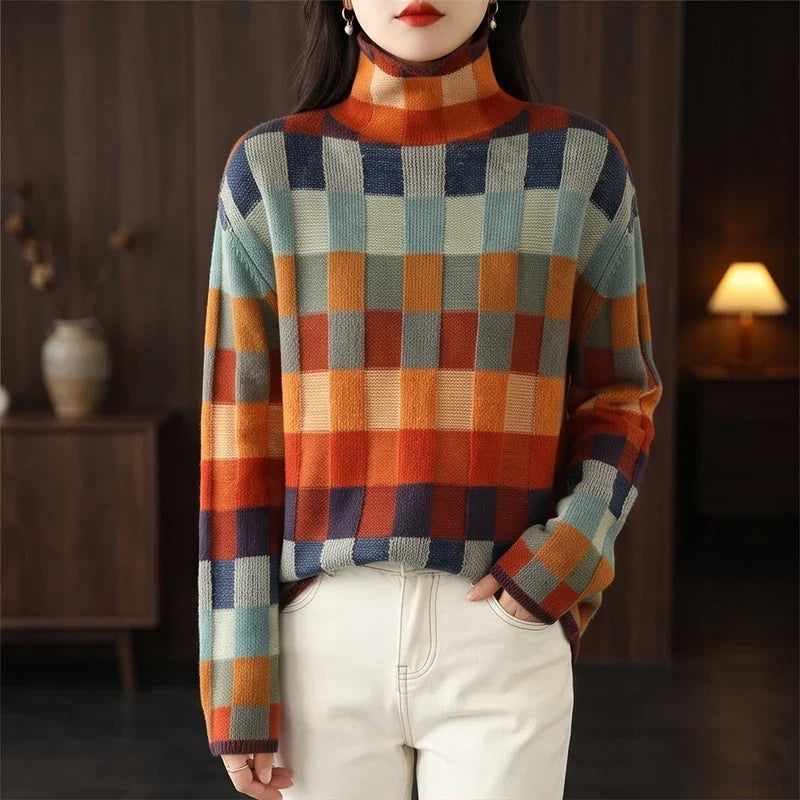 Lou | Oversized Colour Block Check Drop Shoulder Long Sleeve Turtleneck Autumn Winter Jumper Women