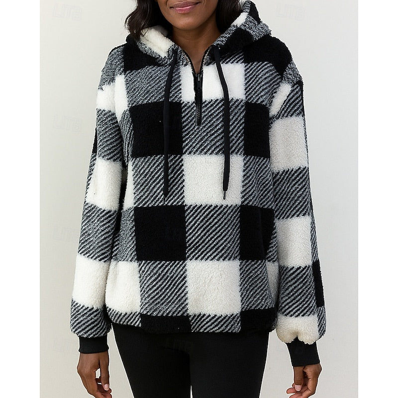 Skye | Checked Winter Oversized Hooded Quarter Zip Sherpa Fleece Jacket Women