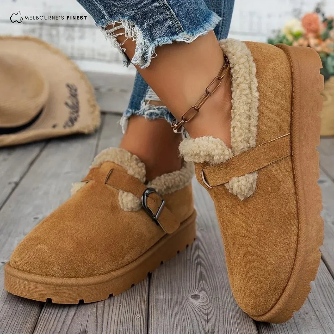 Zola | Faux Suede Shearling Flat Slip On Buckle Winter Ankle Snow Boots Women