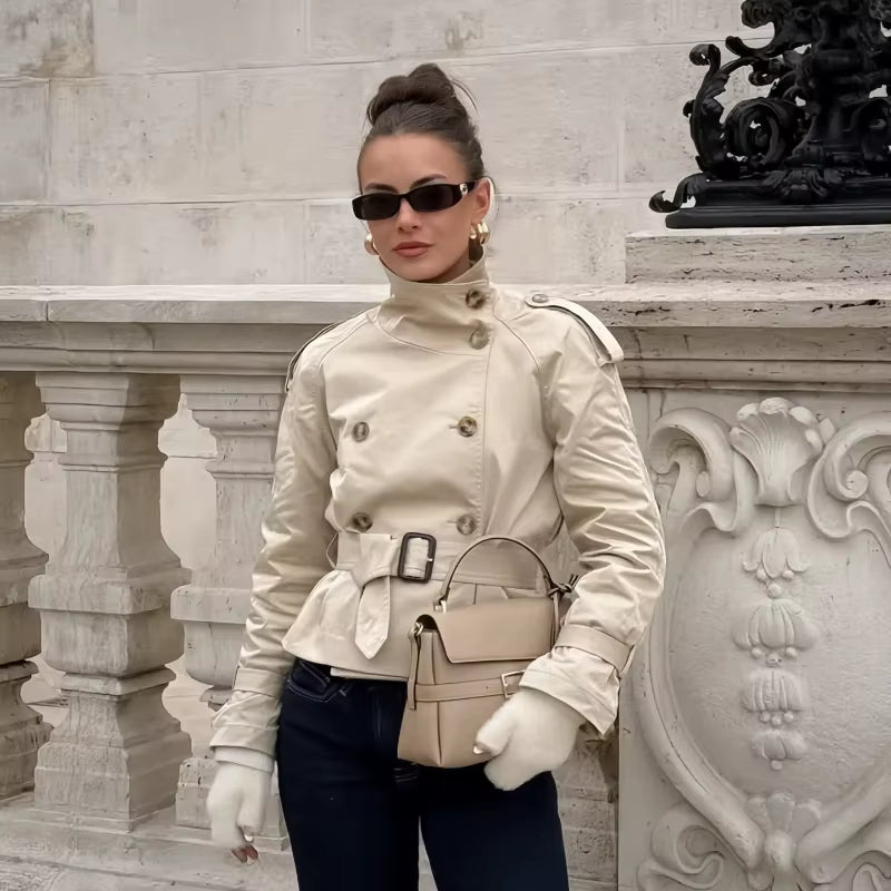 Hazel | Oversized Belted Buckle Button Collared Autumn Smart Cropped Trench Coat Ladies