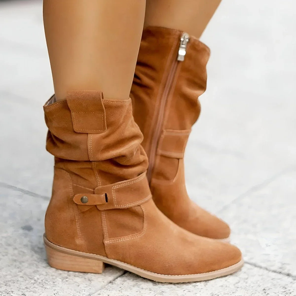 Naomi | Faux Suede Almond Toe Zip Slouch Ruched Block Heeled Mid Calf Boots Women